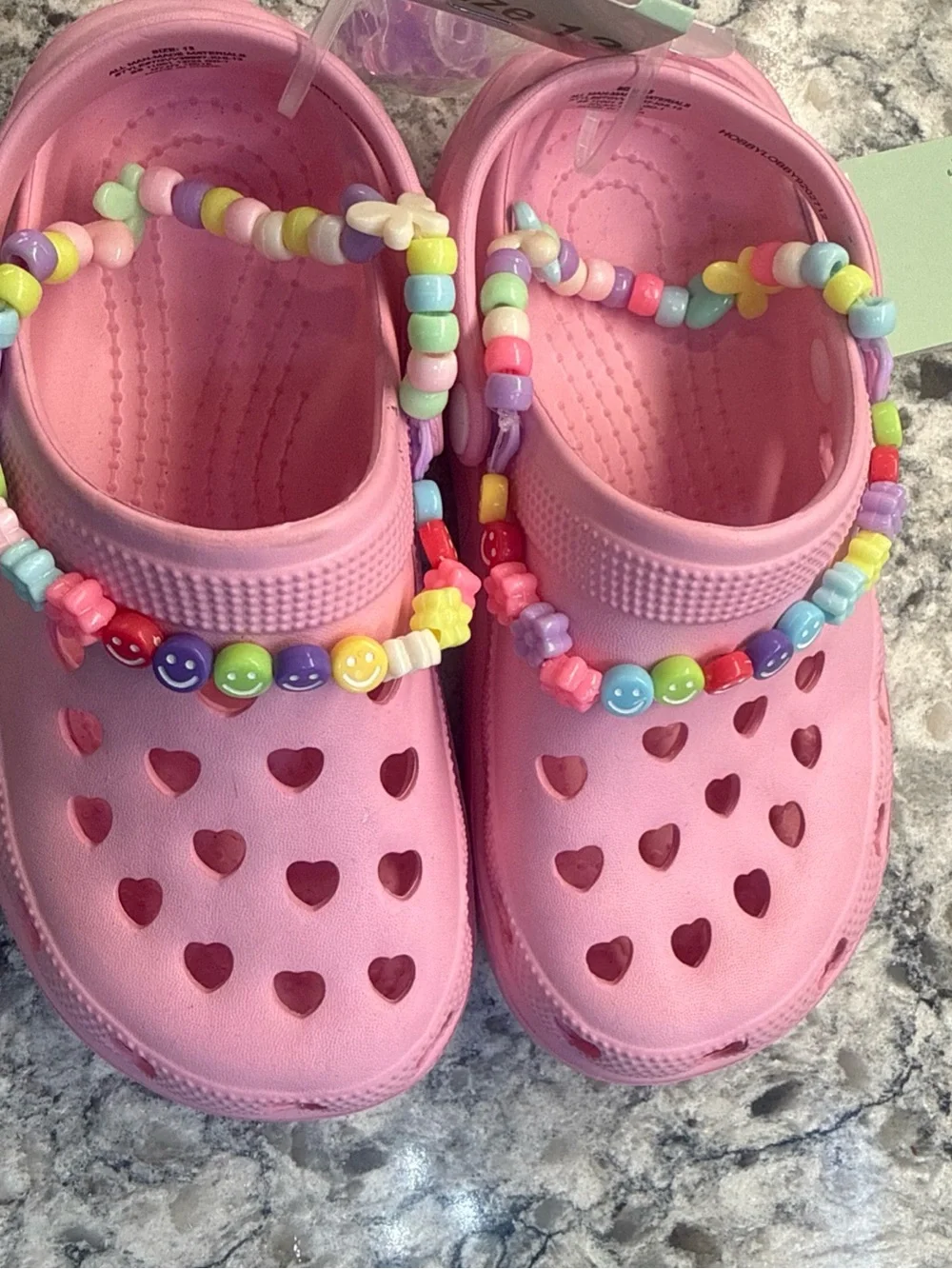 Kids Pink Heart Clog “Croc Like” Sandals with Beaded Strap and bag of charms.